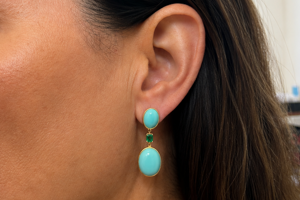 Earrings 18kt Gold Turquoise Ovals with Emeralds