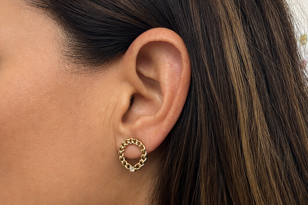 Earrings 14kt Gold Round Diamond & Chain Open Circle