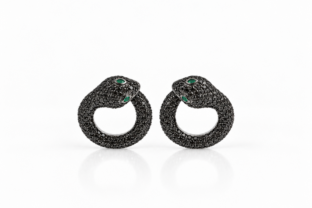 Earrings 18kt Gold Snake Shape Black Diamonds and Emeralds