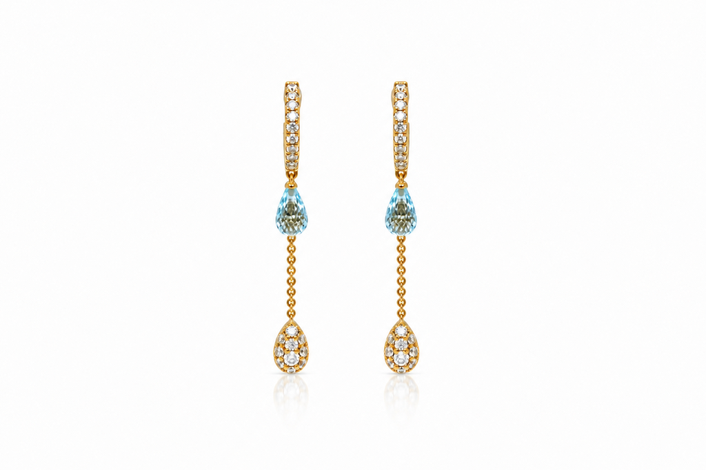 Earrings 18kt Gold Mini Hoops with Blue Topaz and Diamonds Drops