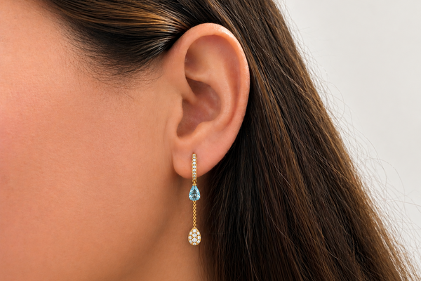 Earrings 18kt Gold Mini Hoops with Blue Topaz and Diamonds Drops