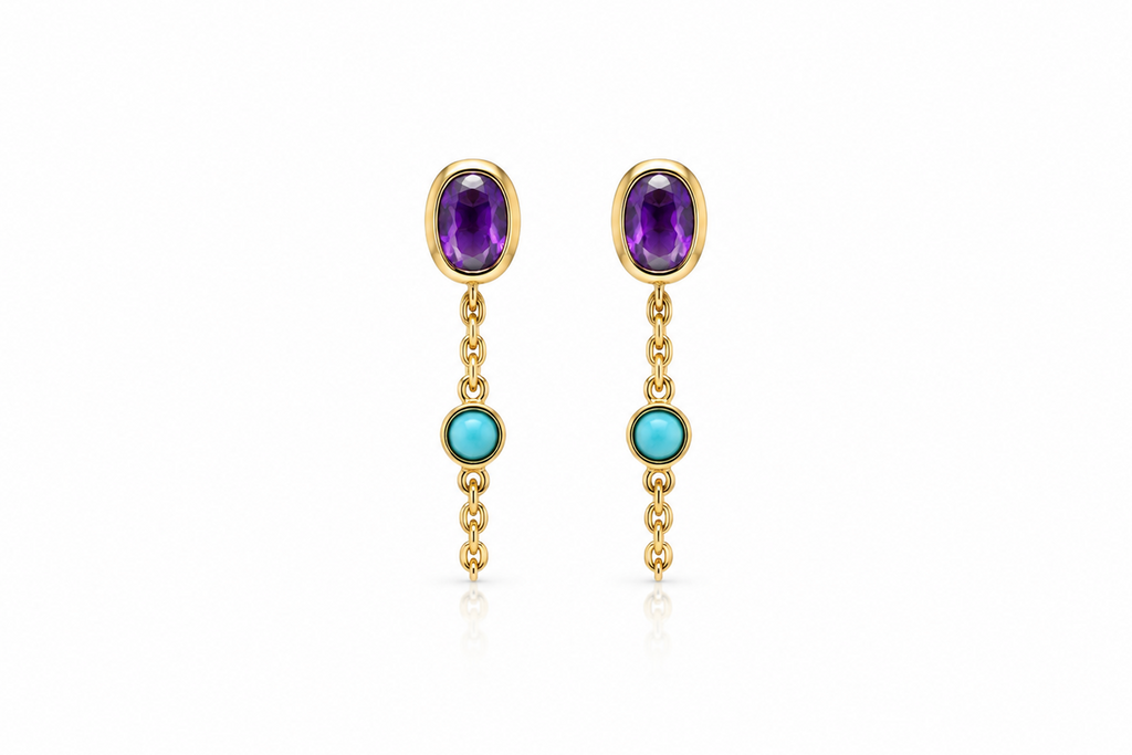 Earrings 14kt Gold Amethyst & Turquoise Chain