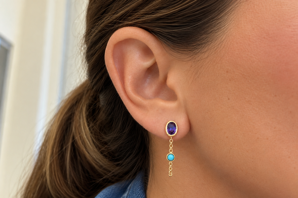 Earrings 14kt Gold Amethyst & Turquoise Chain