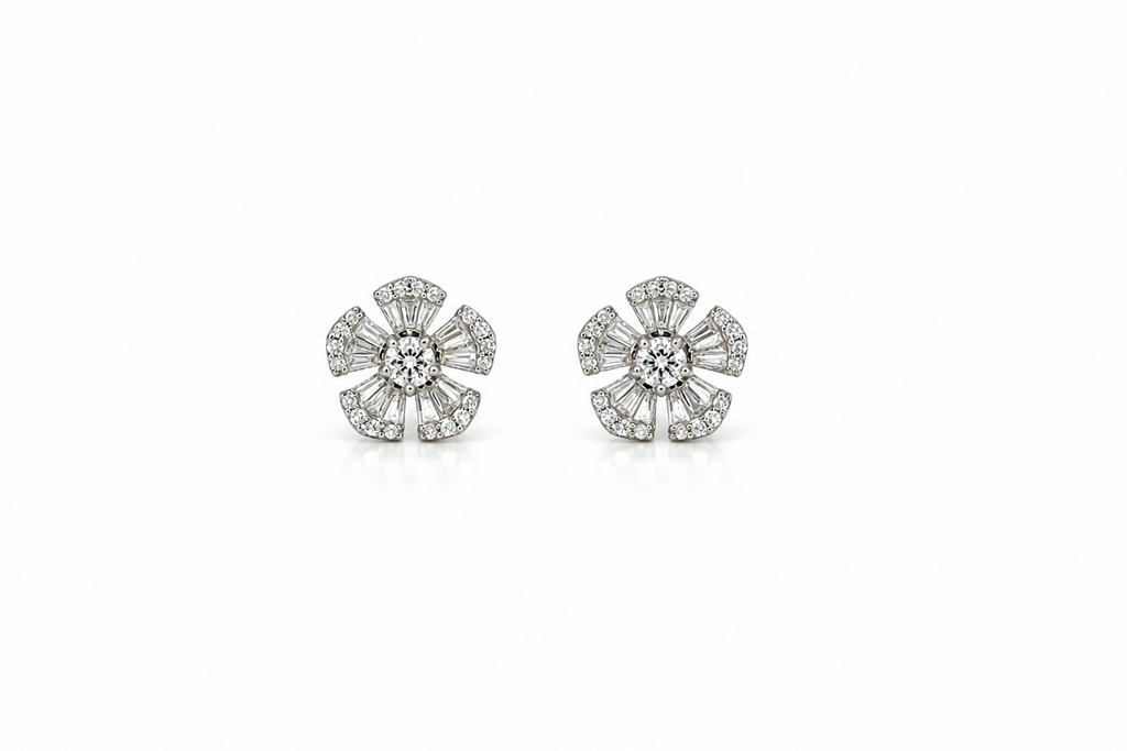 Earrings 18kt White Gold Five Petals Diamonds Stud
