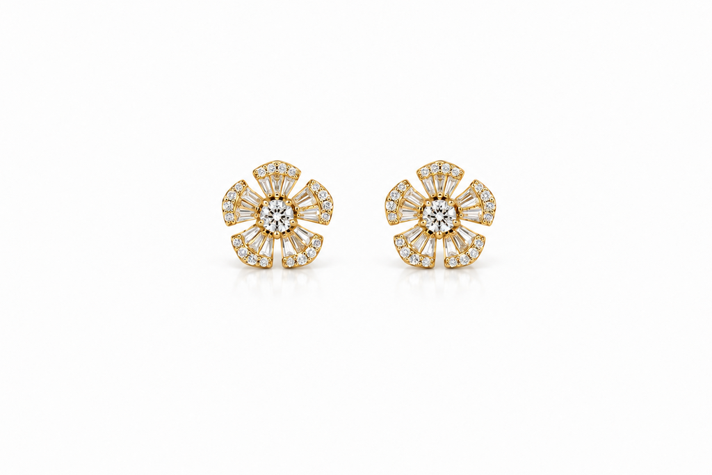 Earrings 18kt Yellow Gold Five Petals Diamonds Stud