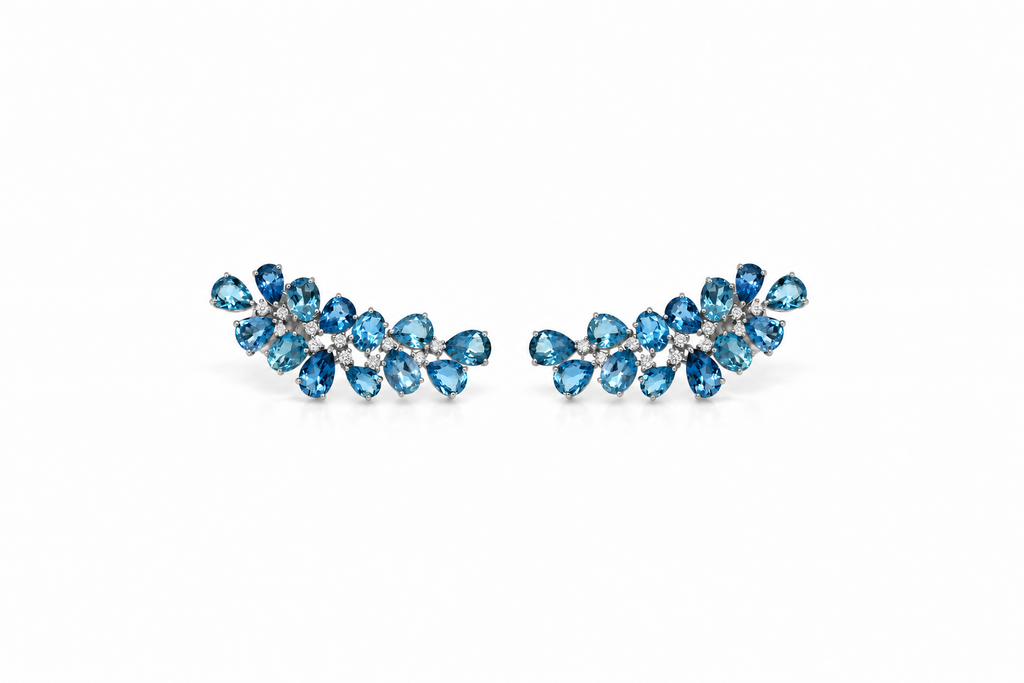 Earrings Crawlers 18 Kt Gold Pear Aquamrines & Diamonds