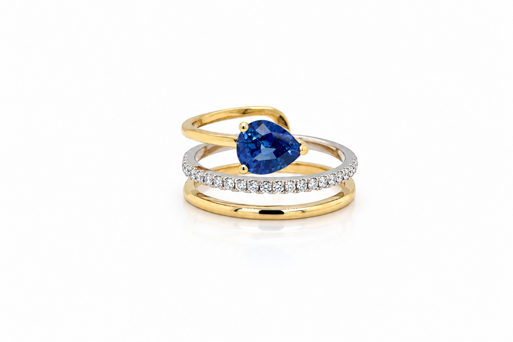Ring 18kt Mixed Gold Spiral Ceylon Sapphire & Diamonds