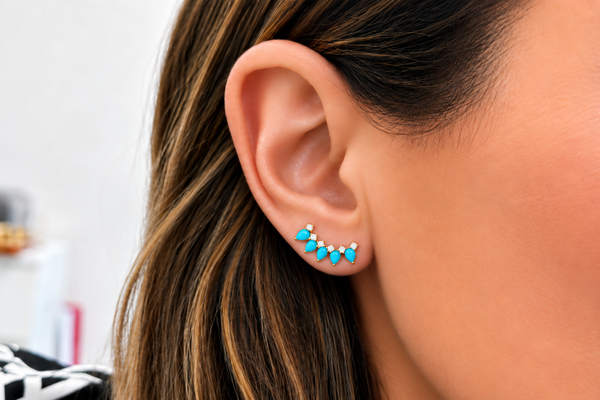 Earrings Crawlers 14 Kt Gold Pear Turquoise & Diamonds