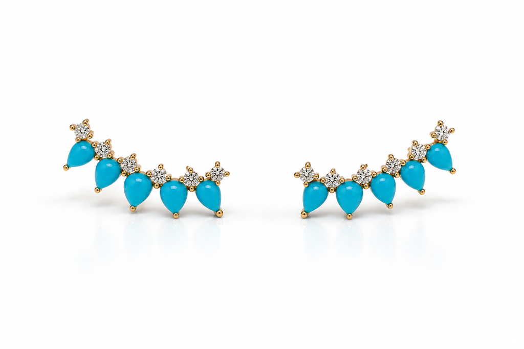Earrings Crawlers 14 Kt Gold Pear Turquoise & Diamonds