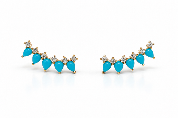Earrings Crawlers 14 Kt Gold Pear Turquoise & Diamonds