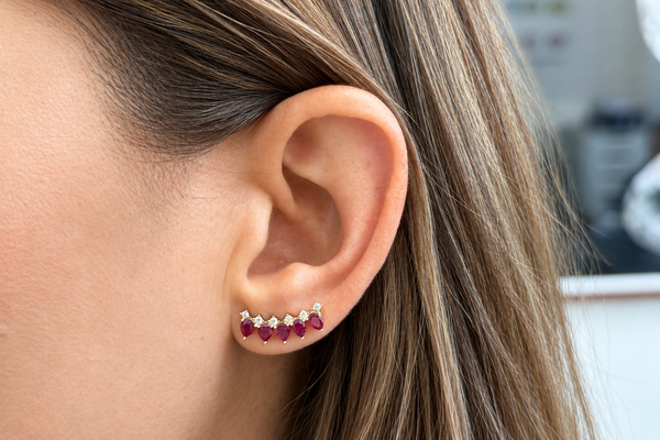 Earrings Crawlers 14 Kt Gold Pear Rubies & Diamonds