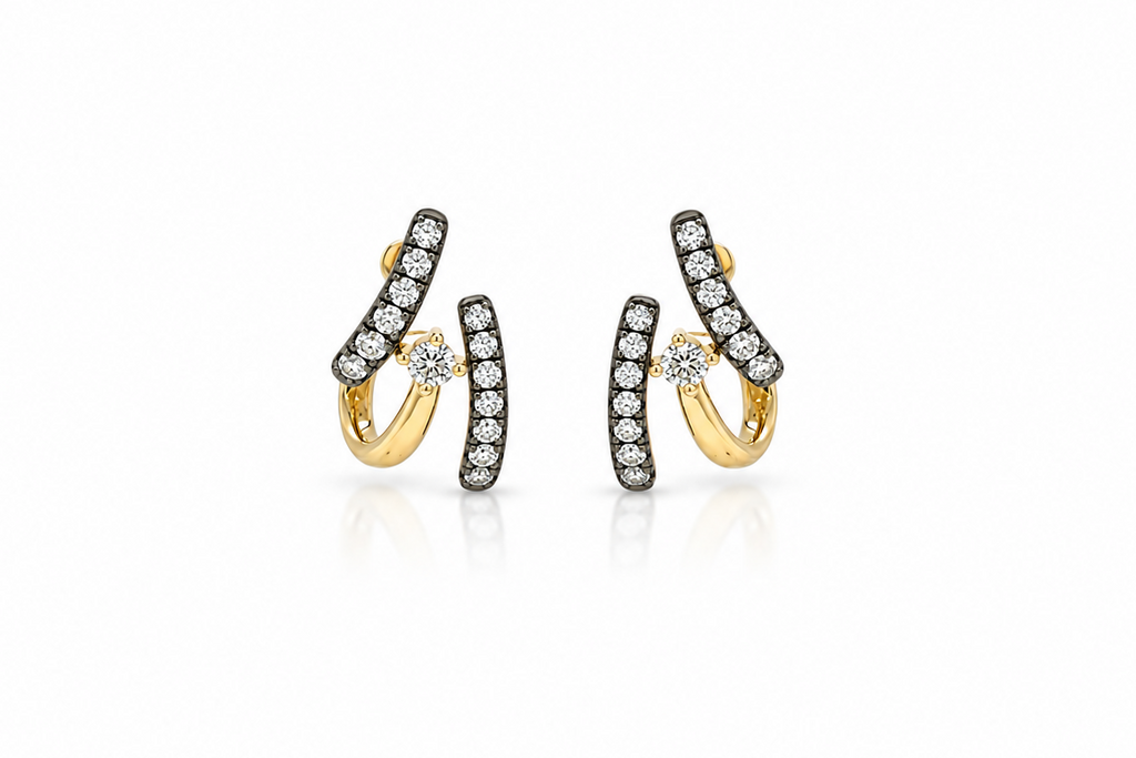 Earrings 18kt Gold Triple Lobe Studs Double Band Black Rhodium Diamonds
