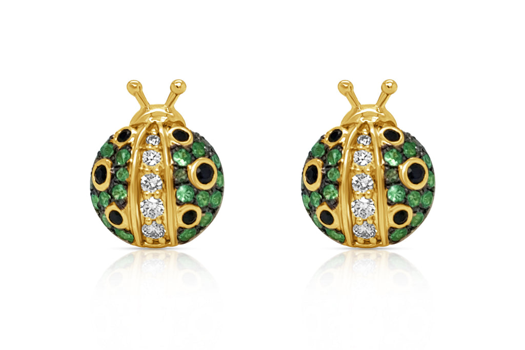 Earrings 18Kt Gold Ladybugs with Tsavorites, Sapphires and Diamonds