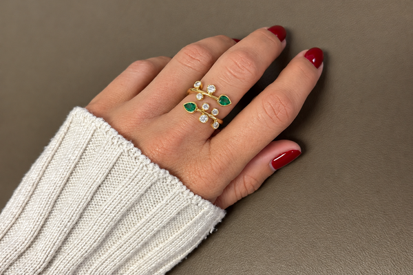 Ring 18kt Gold open Spring Pear Shape Emeralds & Round Diamonds