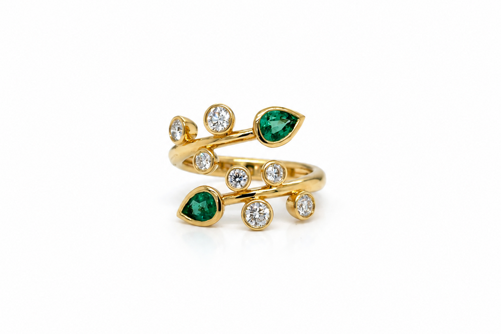 Ring 18kt Gold open Spring Pear Shape Emeralds & Round Diamonds