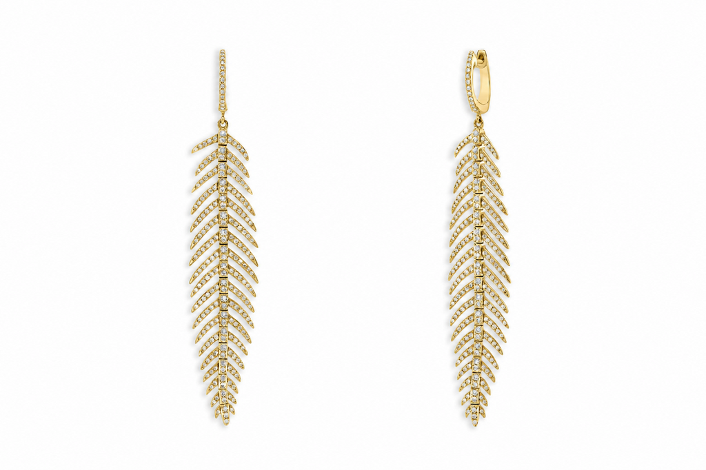Earrings 18kt Gold Feather Drops & Diamonds