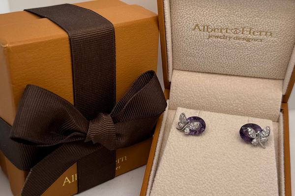 Earrings 14kt Gold Oval Amethyst  & Butterfly Diamonds Studs