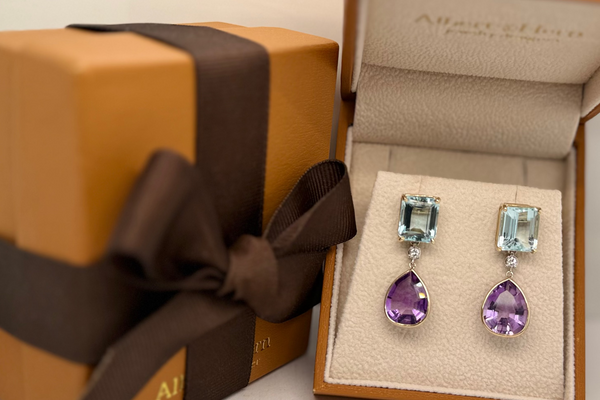 Earrings 14kt Gold Aquamarines, Diamonds & Amethyst Drops