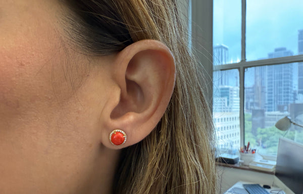 Earrings 18Kt Gold Natural Coral & Diamonds Halo