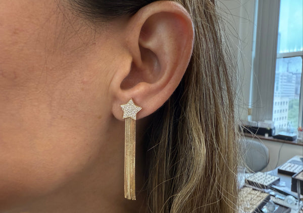 Earrings 14kt Gold Star Studs with Diamonds and rain of Chains