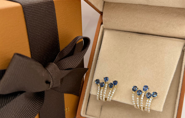Earrings 18kt Gold Pear Blue Sapphires & Round Diamonds Lobe Studs