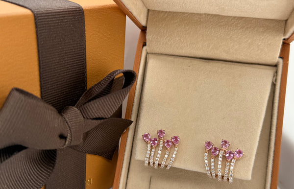 Earrings 18kt Gold Pear Pink Sapphires & Round Diamonds Lobe Studs