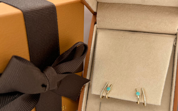 Earrings 14kt Gold Double Row Turquoise & Diamonds