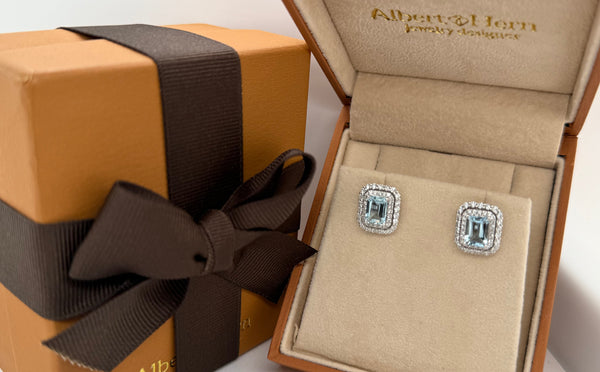 Earrings 18kt Aquamarines & Double Halo of Diamonds