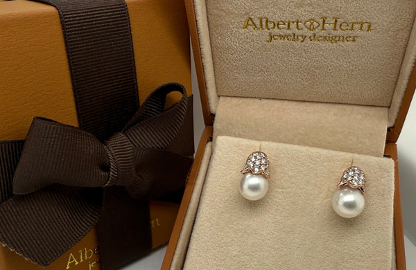 Earrings 18kt Rose Gold Pearl and Diamonds