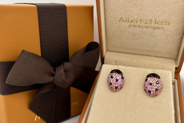 Earrings 18Kt Gold Ladybugs with Pink Sapphires and Black Diamonds