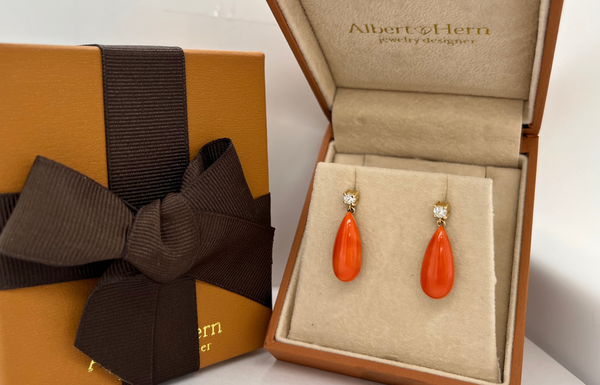 Earrings 18kt Gold Coral Drops & Diamonds