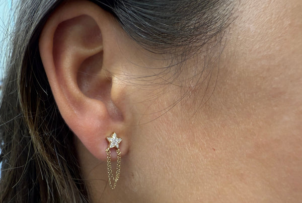 Earrings 14kt Gold Star Chain & Diamonds