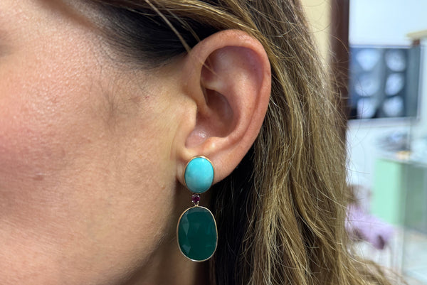 Earrings 14kt Gold Turquoise, Ruby & Green Agate