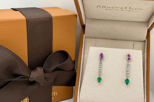 Earrings 14kt Gold Emeralds, Purple Sapphires & Diamonds Drops