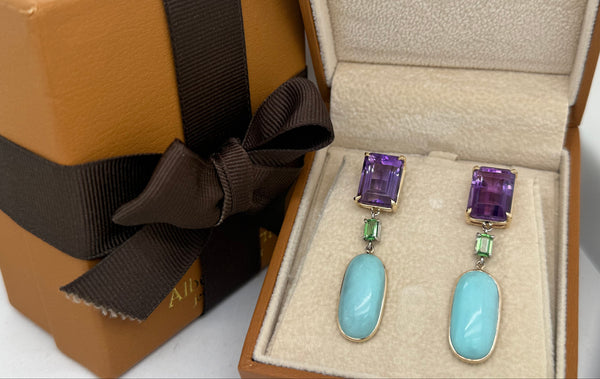 Earrings 14kt Gold Amathyst & Turquoise Ovals with Tsavorite