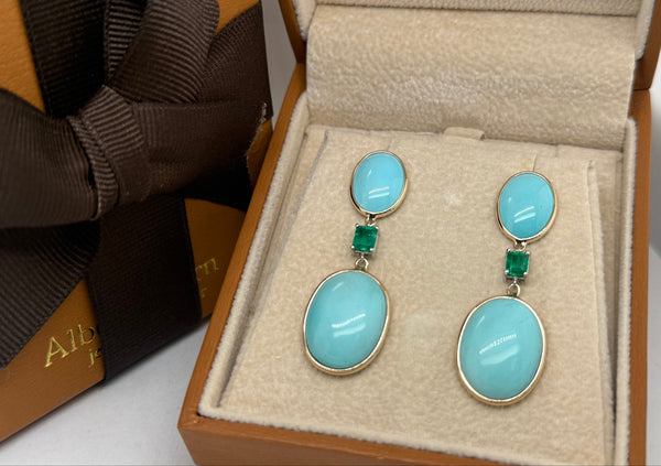 Earrings 18kt Gold Turquoise Ovals with Emeralds