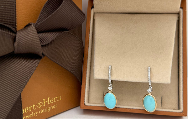 Earrings 18kt Mixed Gold Turquoise Ovals with Diamonds Hoops