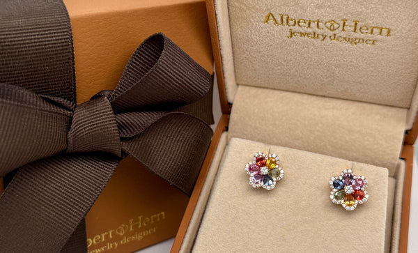 Earrings 18kt Rose Gold Flowers Multicolor Gemstones & Diamonds