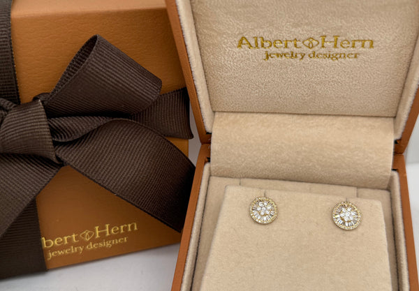 Earrings 18kt Yellow Gold Baguette & Round Diamonds Pizza