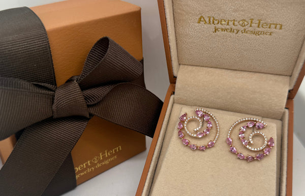 Earrings 18kt Rose Gold Spiral Design Pink Sapphire & Diamonds