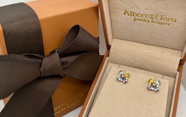 Earrings 18kt Rose Gold Flowers Multicolor Sapphires & Diamonds