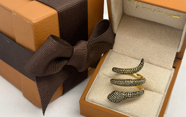 Ring 18kt Gold Snake Yellow Diamonds and Ruby