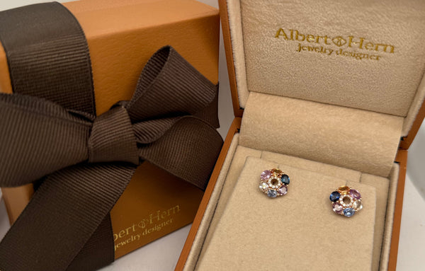 Earrings 14kt Gold Multicolor Oval Flowers & Diamonds