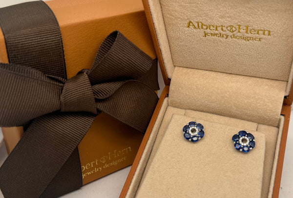 Earrings 14kt Gold Oval Sapphires Flowers & Diamonds