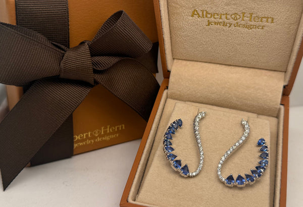 Earrings 18kt Gold Curved Shape Sapphires & Diamonds