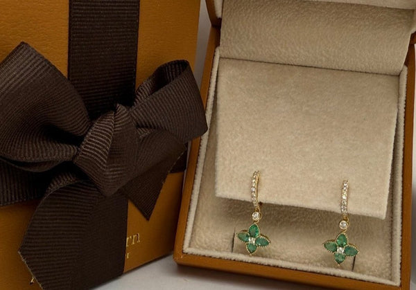 Earrings 18kt Gold Huggies, Emeralds & Diamonds