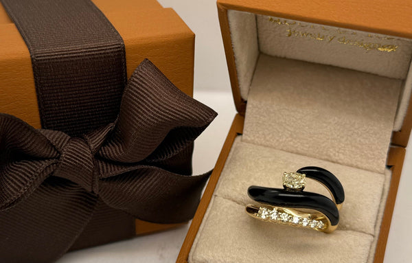 Ring 18kt Yellow Gold Spiral Agate & Diamonds