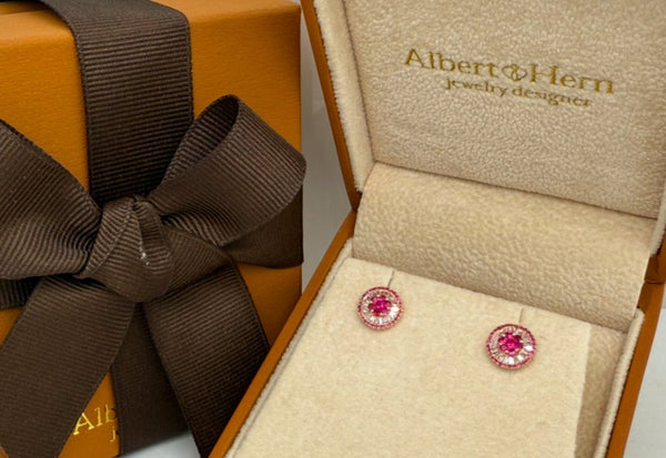 Earrings 18kt Gold Center-Border Rubies & Diamonds Mini Pizza