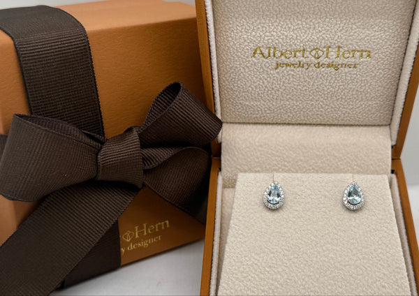 Earrings Platinum Pear Aquamarines & Halo Round Diamonds Studs