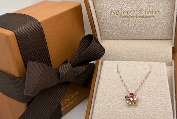 Necklace 14kt Rose Gold Multicolor Flower and Central Diamond